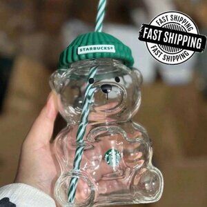 20oz Starbucks Glass Bear Cup with Straw Cute Transparent Tumbler with HatLid